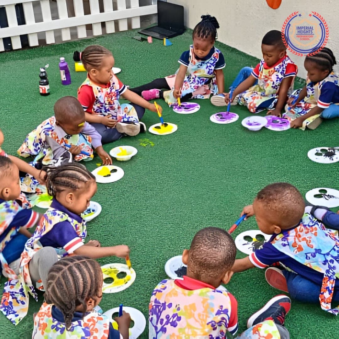 Our youngest children in art smocks, painting paper plates on the outdoor turf