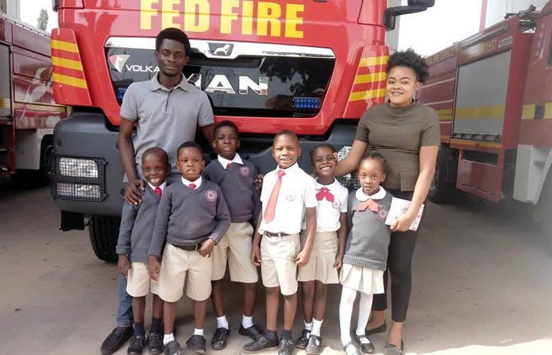 Pupils in front of the fire engine on our visit to the fire station