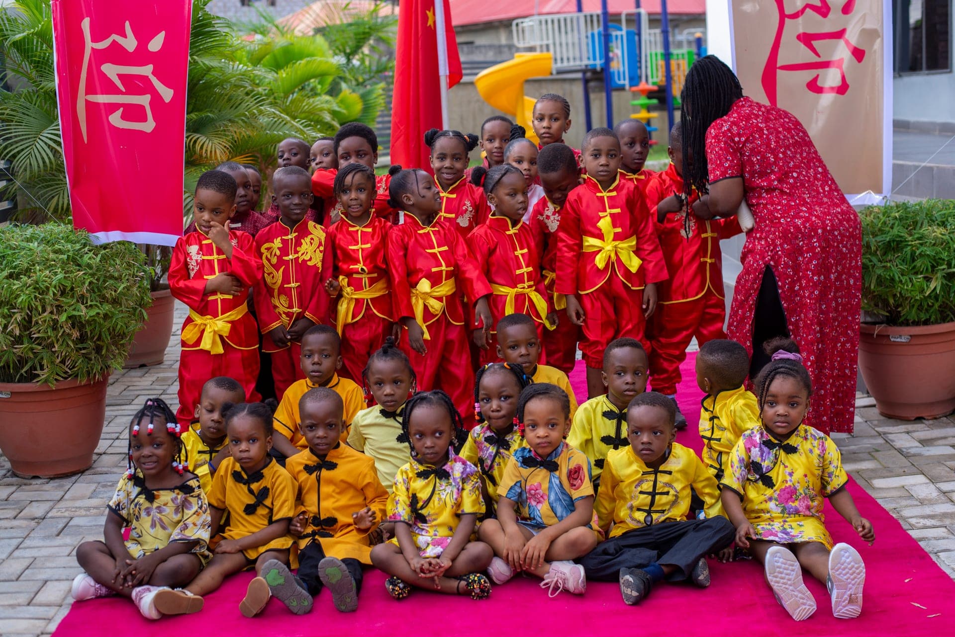 The whole cast of our cultural day production gathered in costume